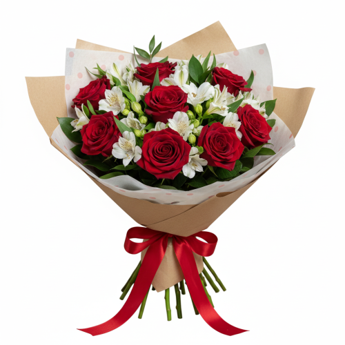 Букет «Восторг» из красных роз и белых альстромерий Заозерный Красноярский край