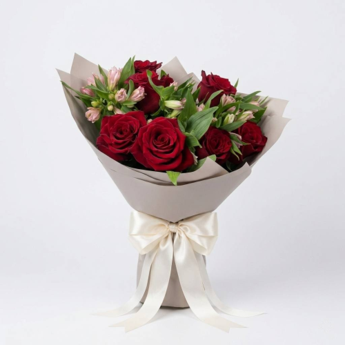 Букет из красных роз и розовых альстромерий Заозерный Красноярский край