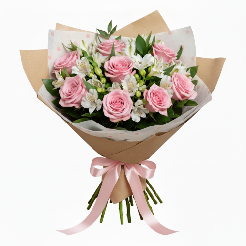 Букет «Очарование» из розовых роз и белых альстромерий Заозерный Красноярский край